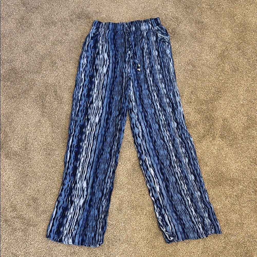 Blue and White Watercolor Striped Straight Leg Pants